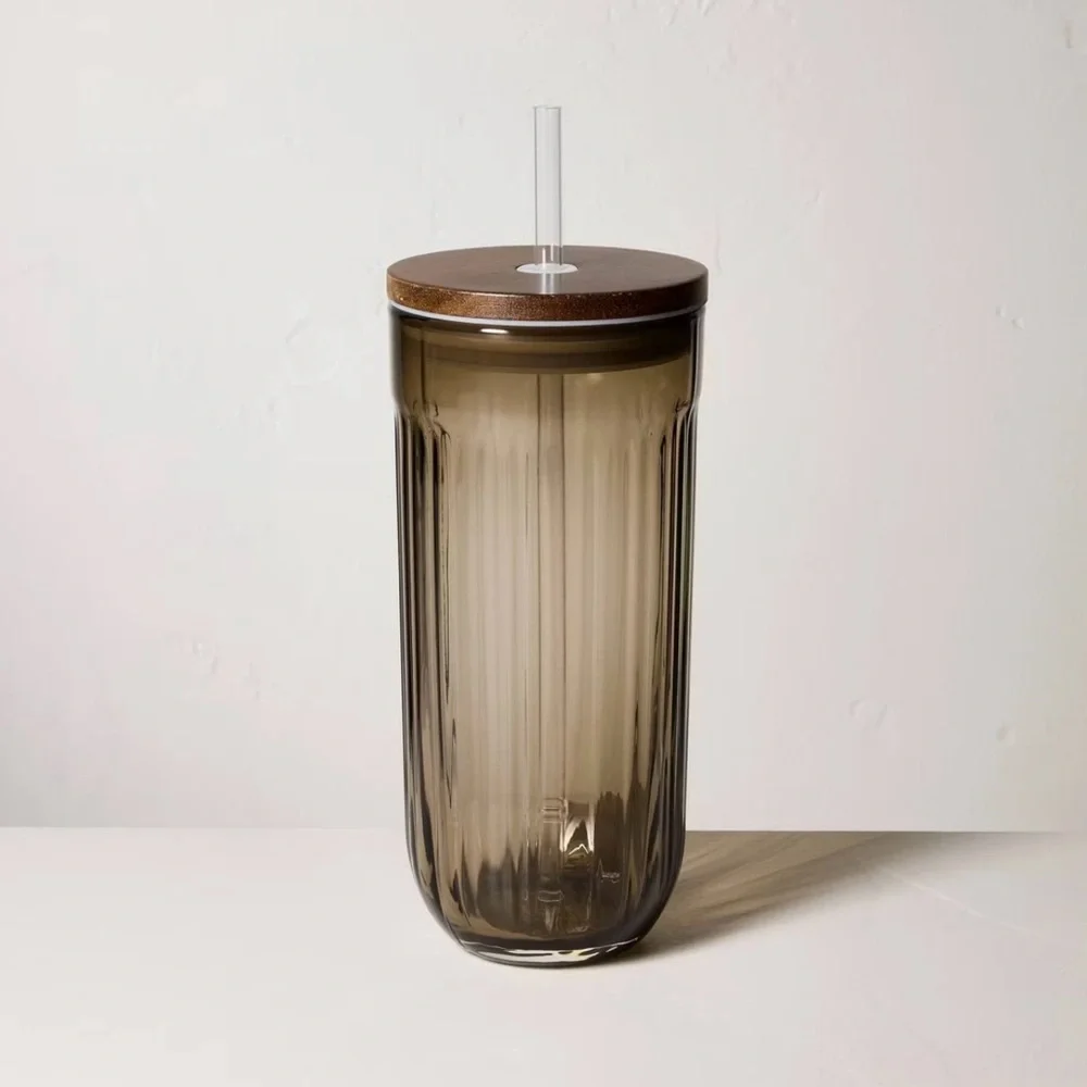 SET OF 2 Hearth & Hand™ with Magnolia BROWN 21oz Fluted Glass Tumbler Wood Lid